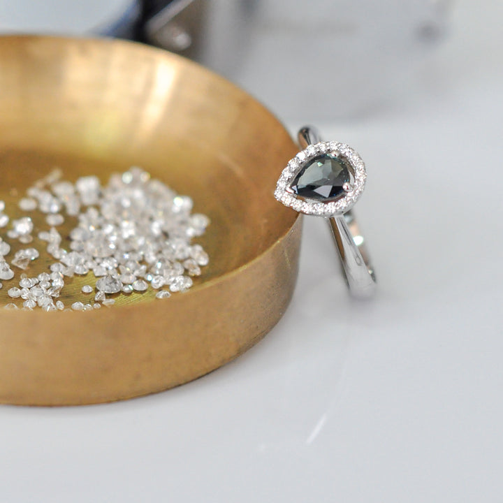 pear shape rose cut BLACK DIAMOND HALO RING