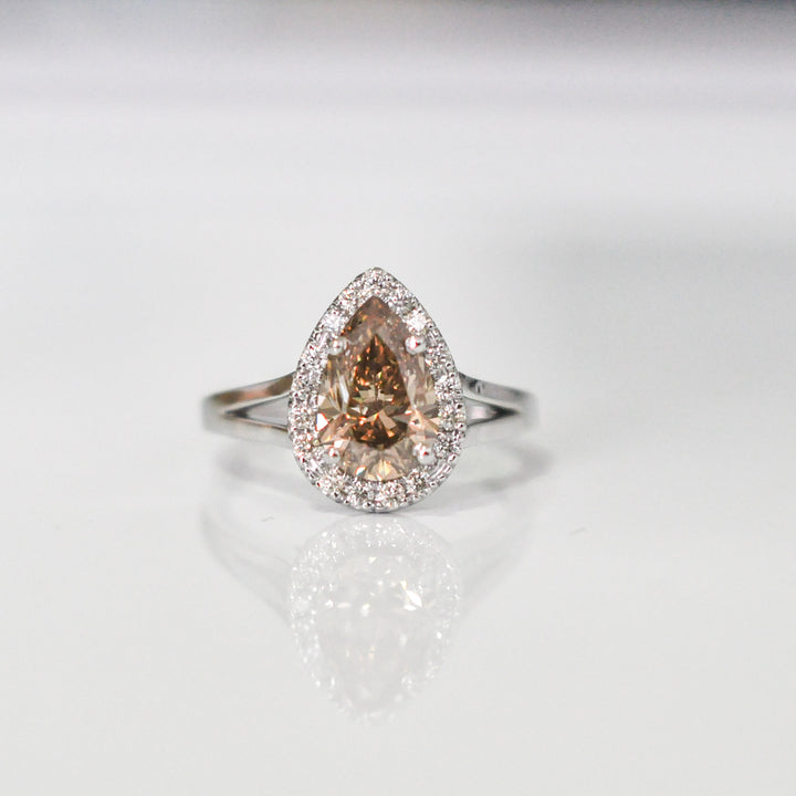 fancy brown PEAR SHAPE diamond split shank Halo Ring