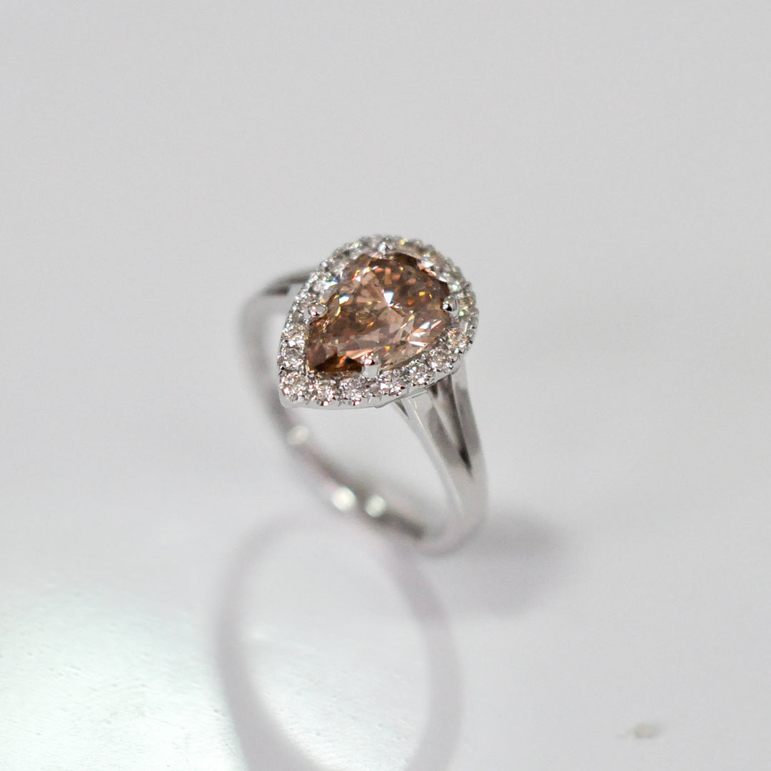 fancy brown PEAR SHAPE diamond split shank Halo Ring