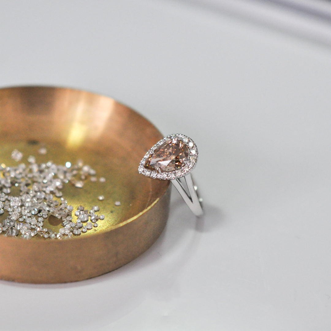fancy brown PEAR SHAPE diamond split shank Halo Ring