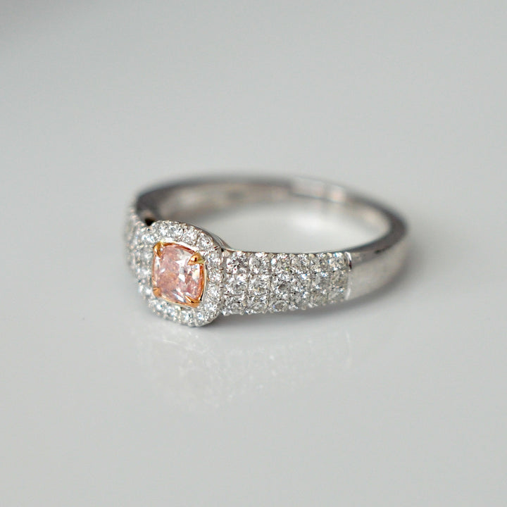 Cushion cut pink diamond &amp; white diamonds halo pave ring