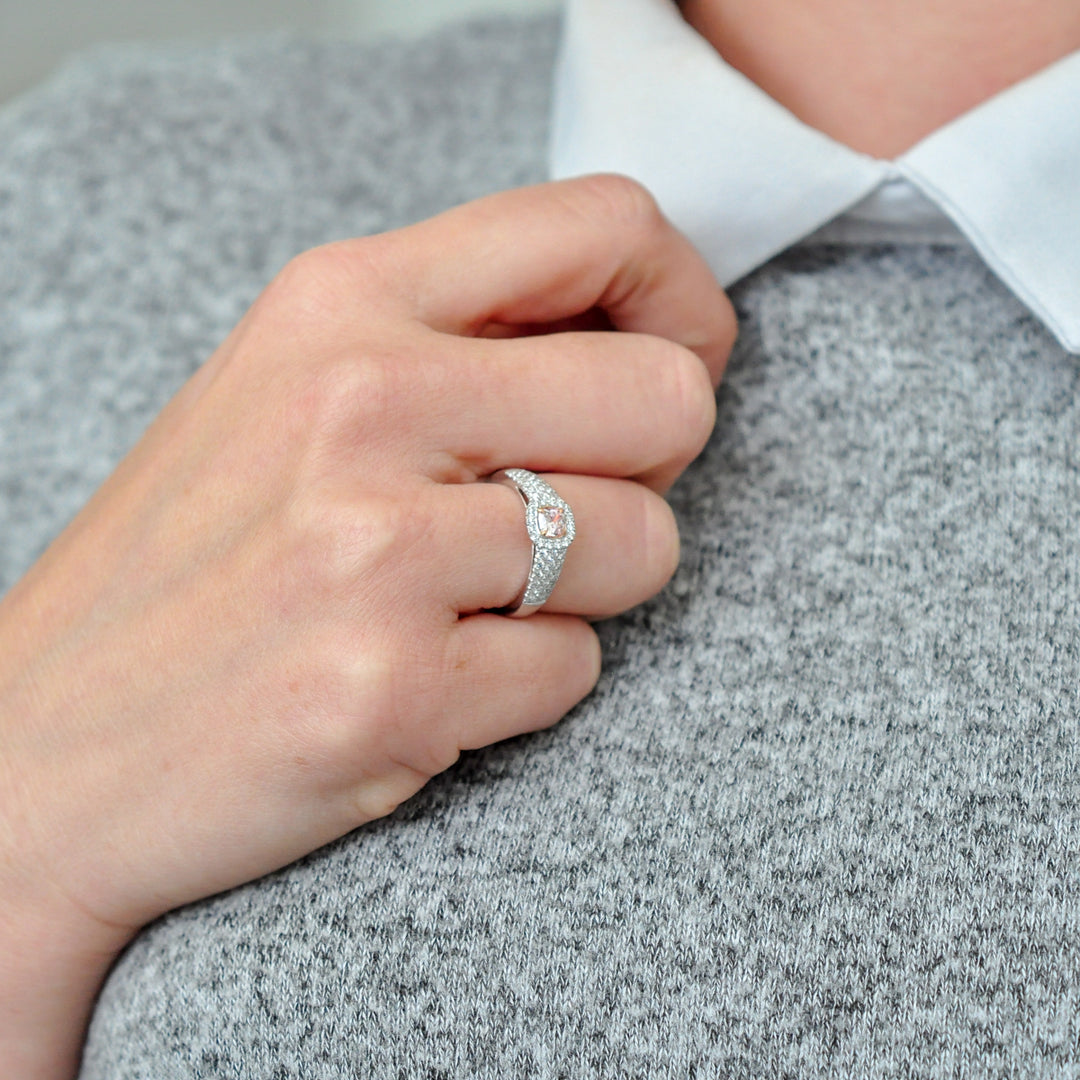 Cushion cut pink diamond &amp; white diamonds halo pave ring