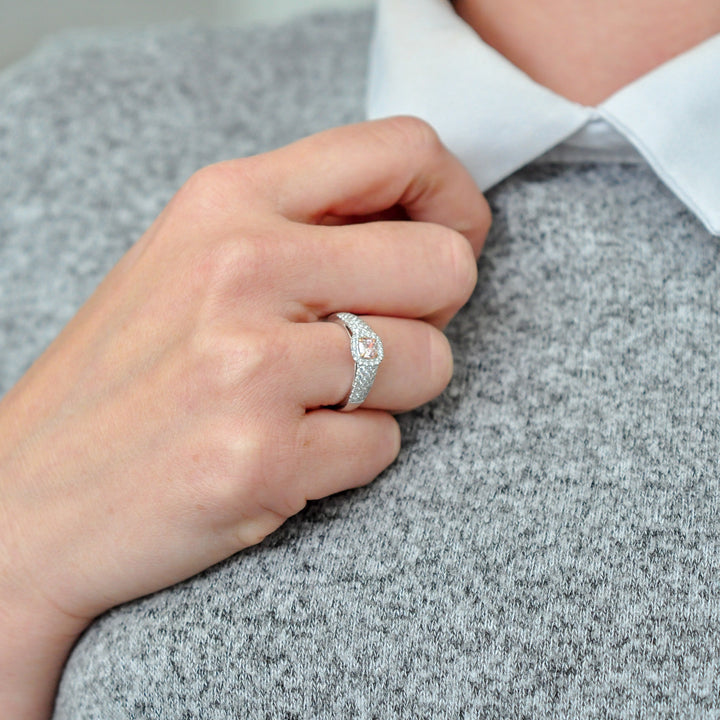 Cushion cut pink diamond &amp; white diamonds halo pave ring