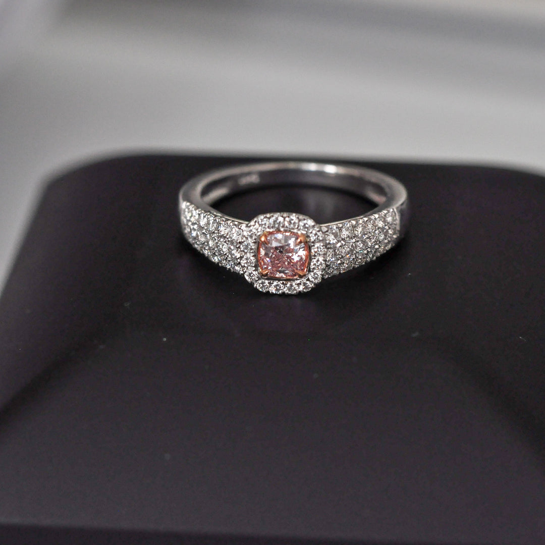 Cushion cut pink diamond &amp; white diamonds halo pave ring