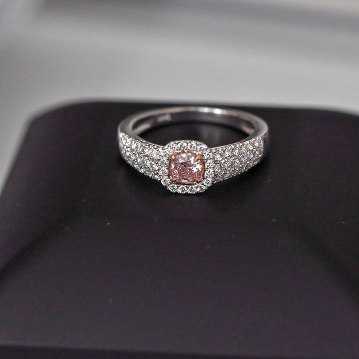 Cushion cut pink diamond &amp; white diamonds halo pave ring