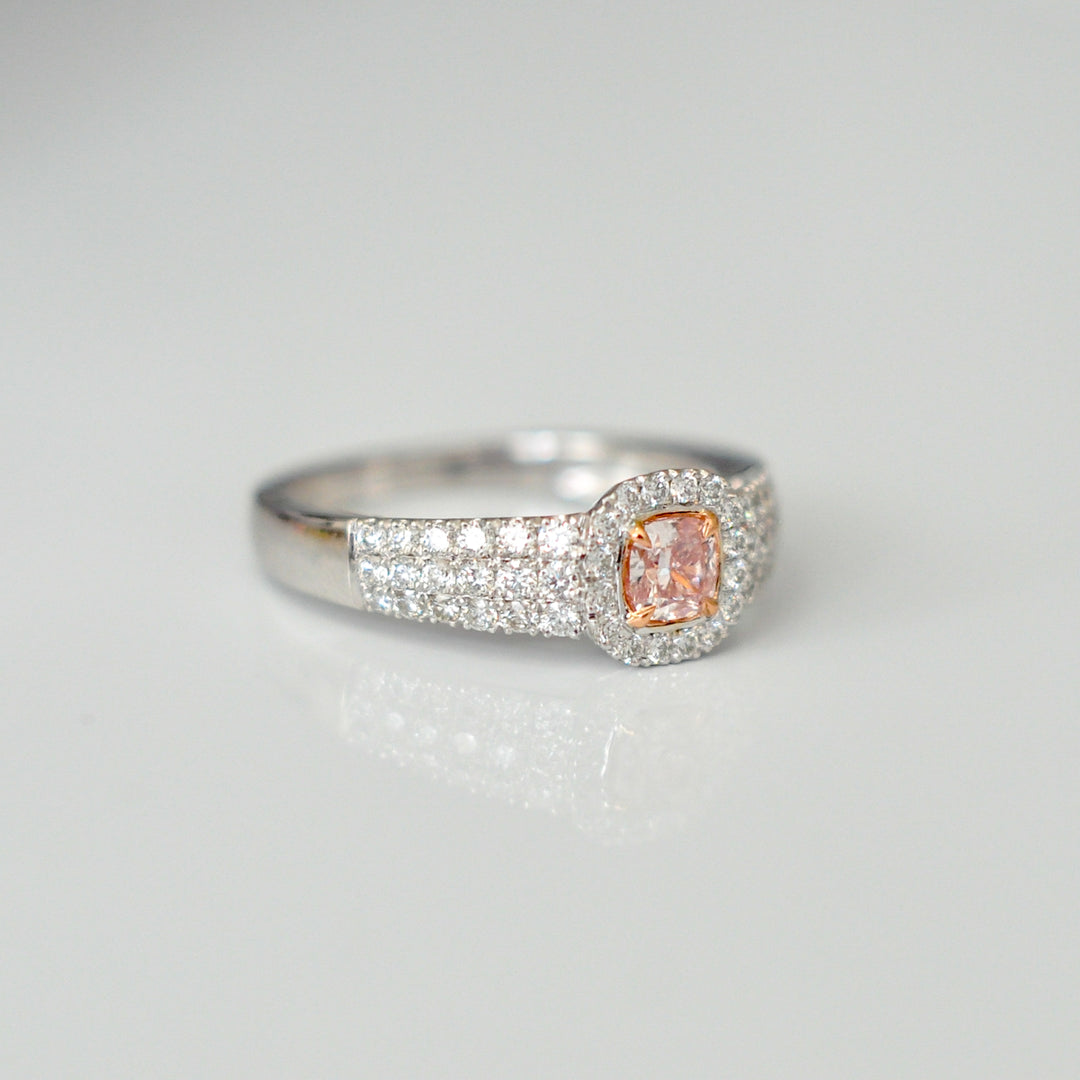 Cushion cut pink diamond &amp; white diamonds halo pave ring