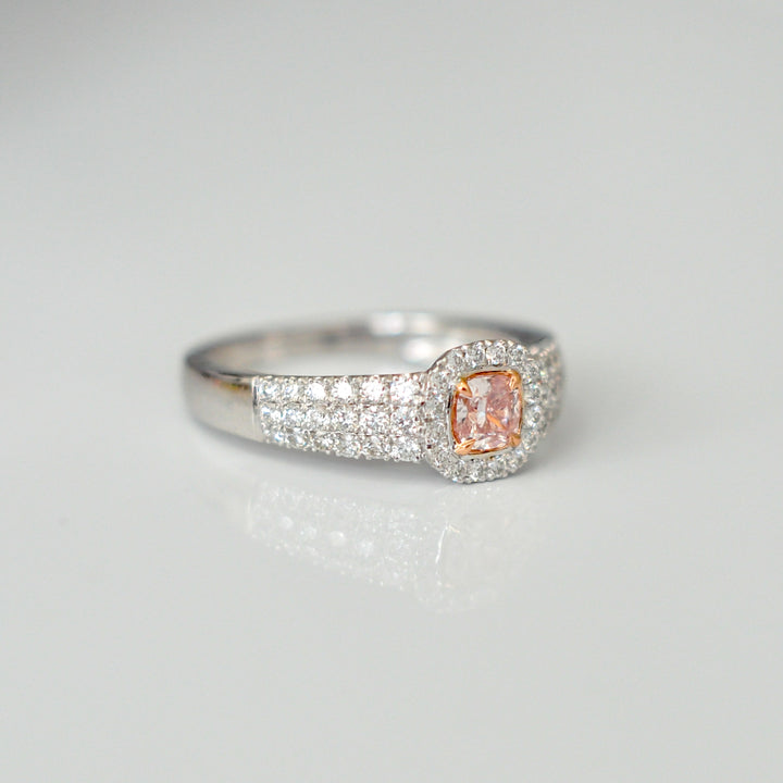 Cushion cut pink diamond &amp; white diamonds halo pave ring