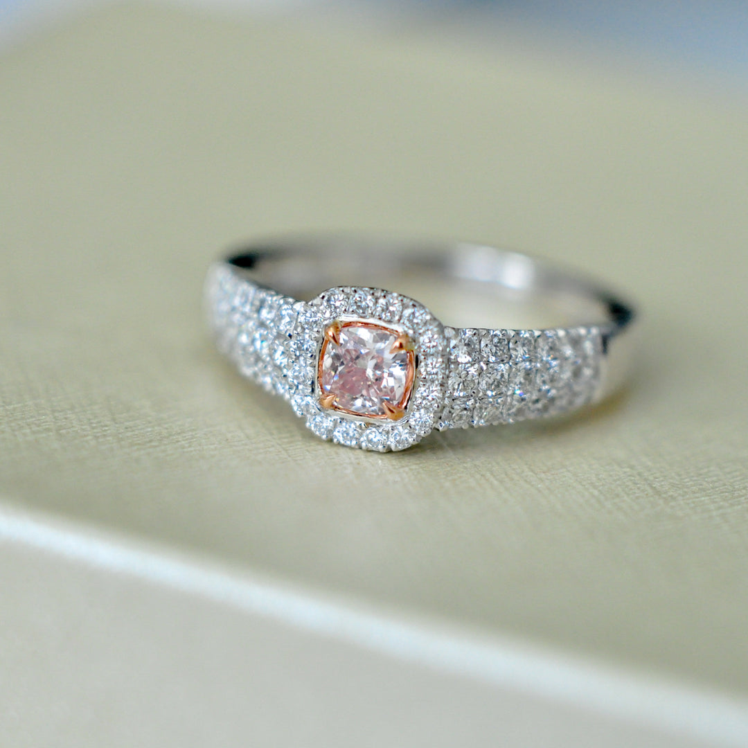 Cushion cut pink diamond &amp; white diamonds halo pave ring