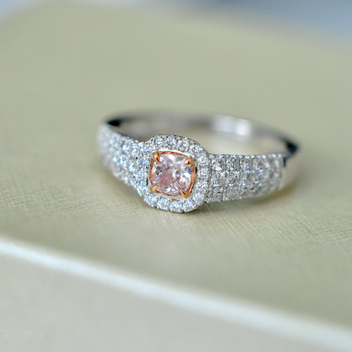 Cushion cut pink diamond &amp; white diamonds halo pave ring