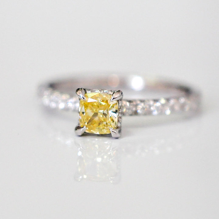 yellow cushion diamond &amp; white diamonds ring