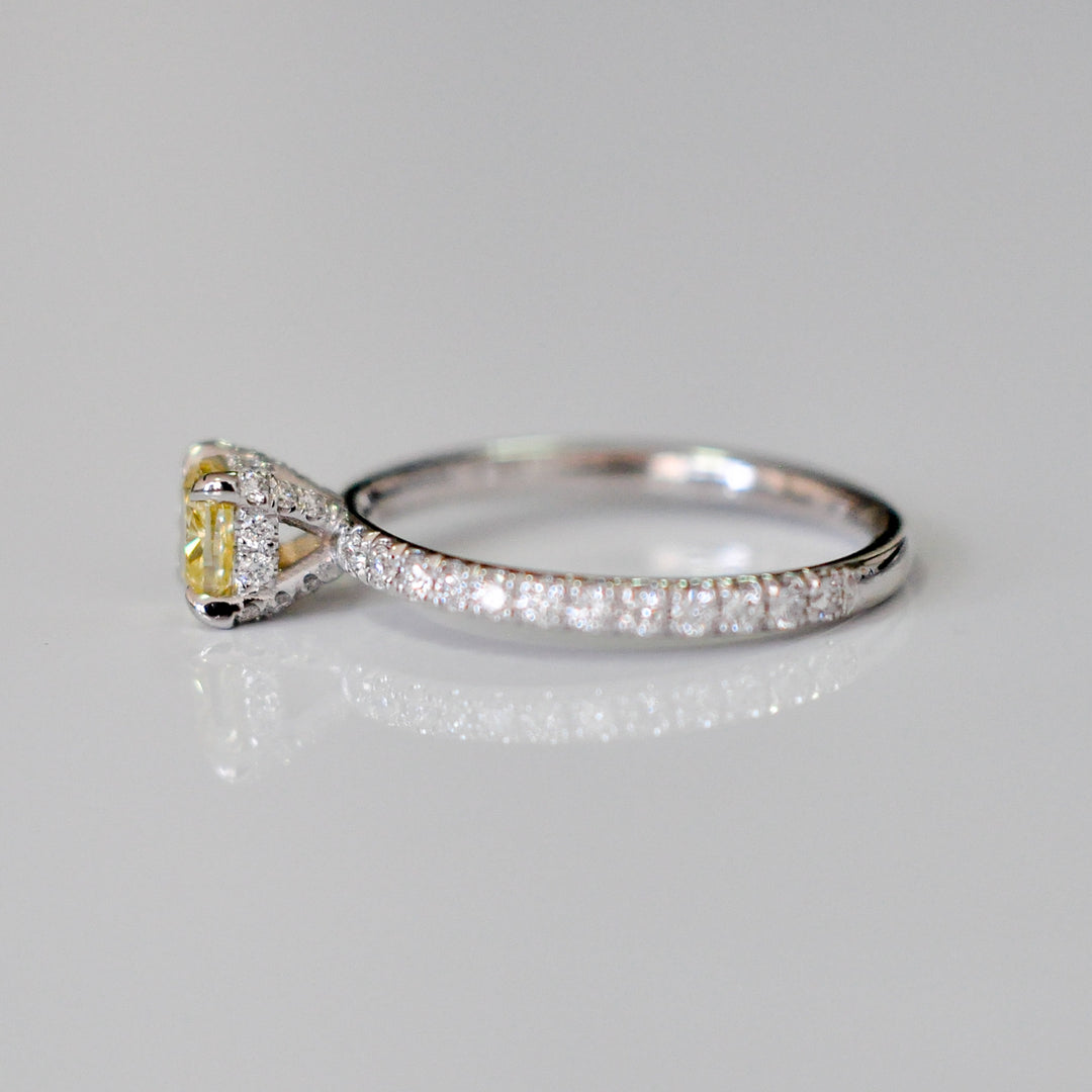 yellow cushion diamond &amp; white diamonds ring