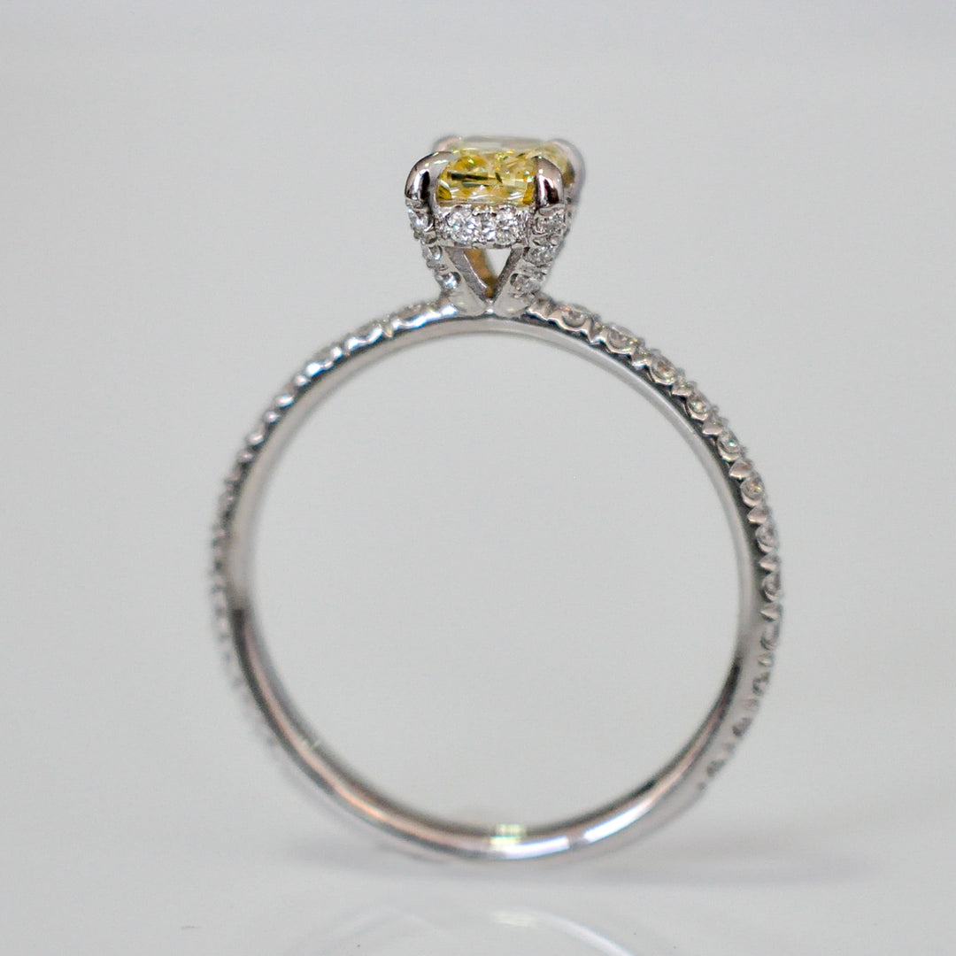yellow cushion diamond &amp; white diamonds ring