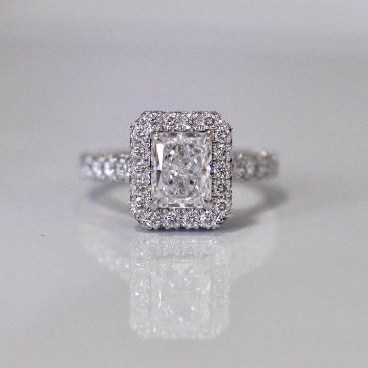 radiant cut diamond (1.5ct) halo engagement Ring