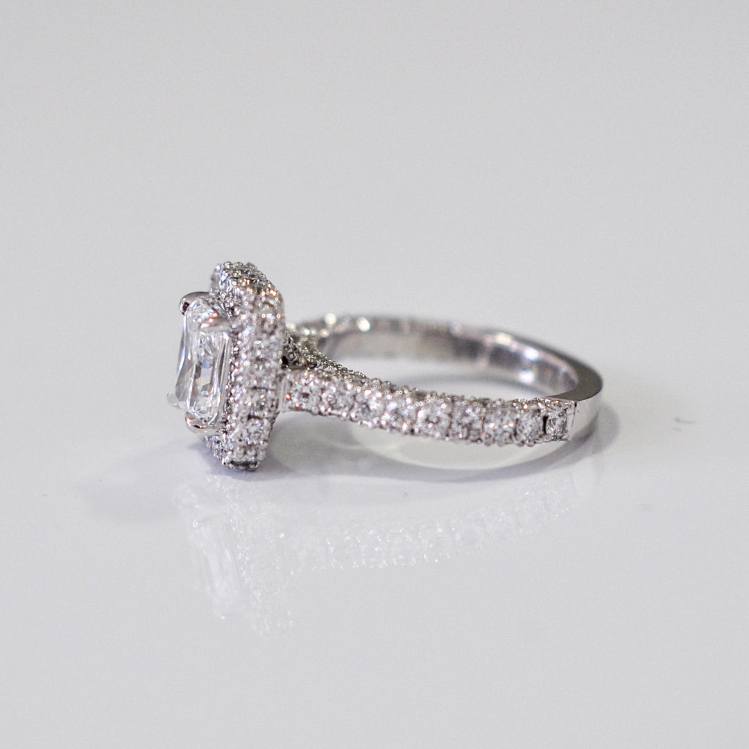 radiant cut diamond (1.5ct) halo engagement Ring