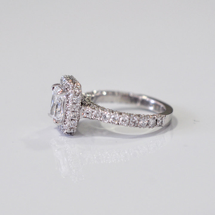 radiant cut diamond (1.5ct) halo engagement Ring