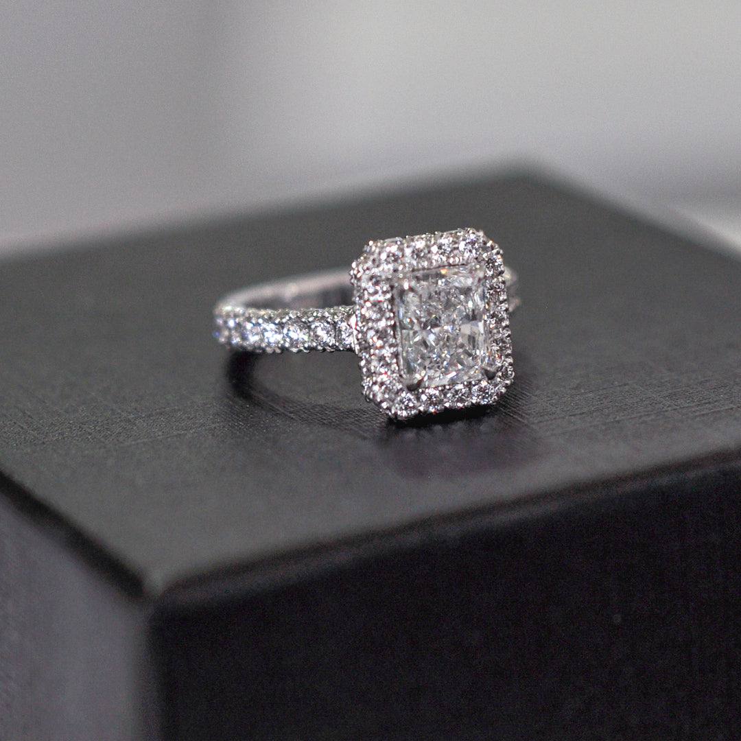 radiant cut diamond (1.5ct) halo engagement Ring