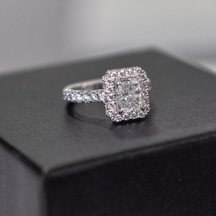 radiant cut diamond (1.5ct) halo engagement Ring