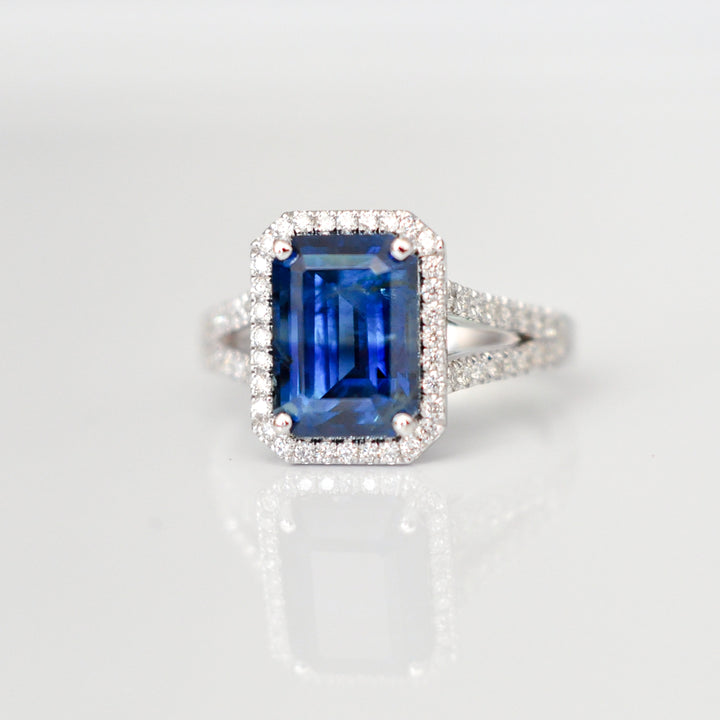 EMERALD CUT BLUE SAPPHIRE &amp; diamonds halo ring