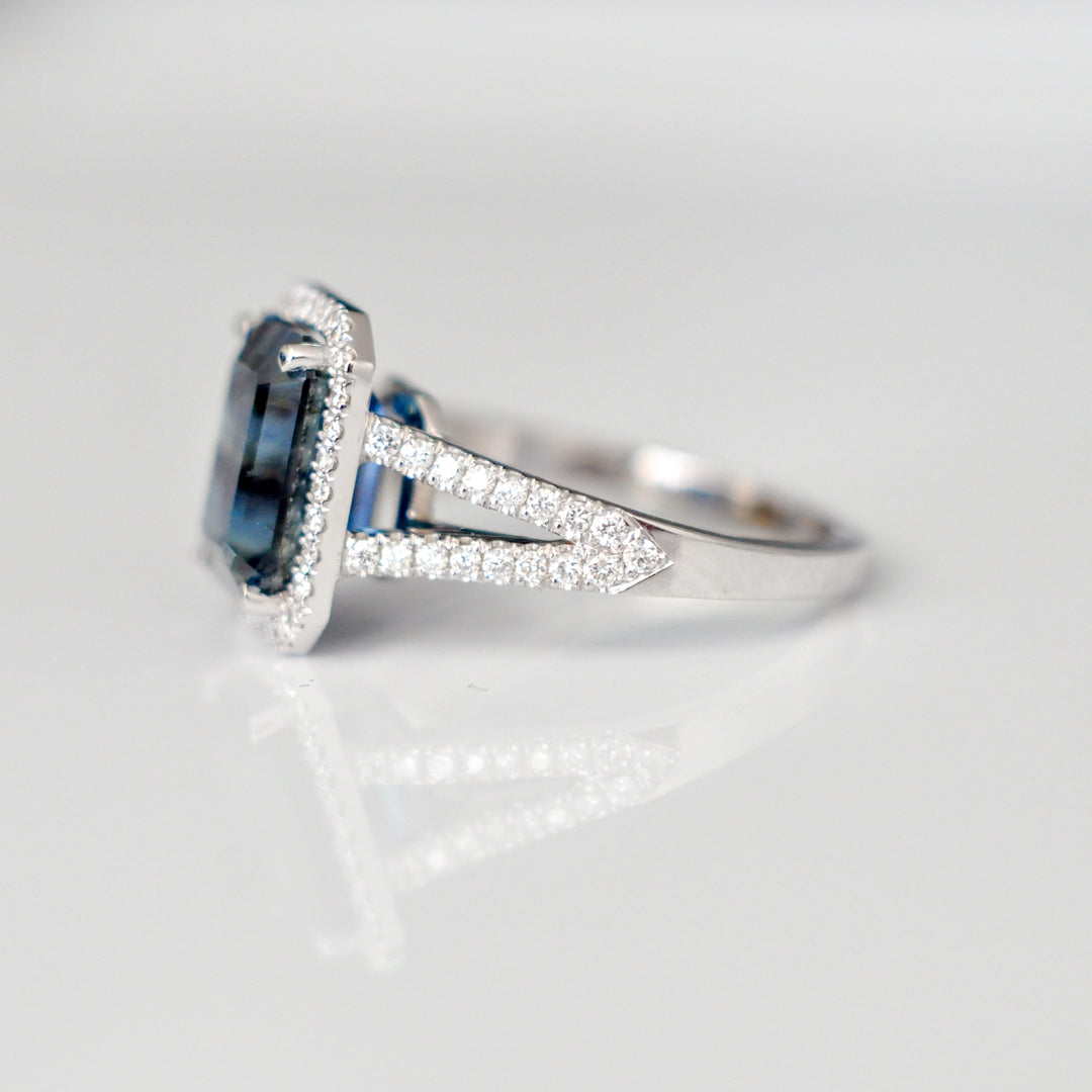 EMERALD CUT BLUE SAPPHIRE &amp; diamonds halo ring