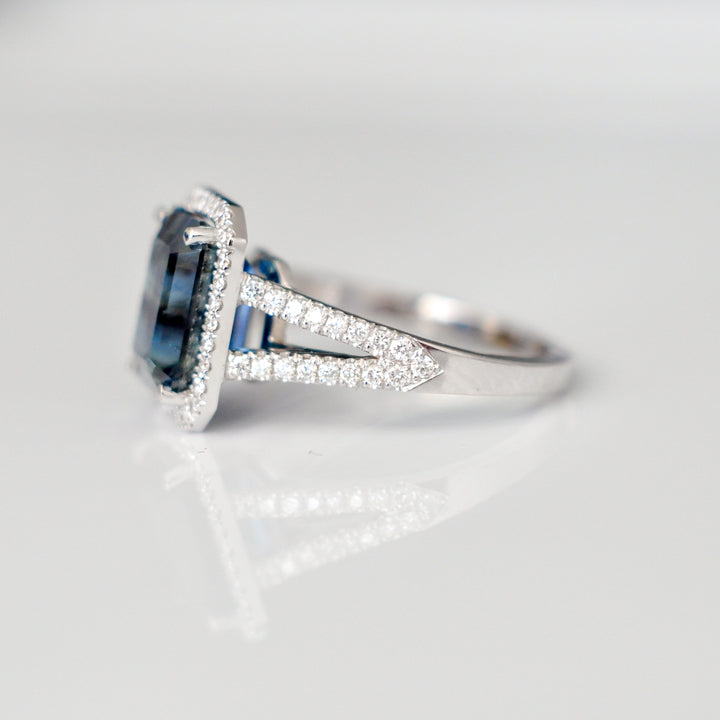 EMERALD CUT BLUE SAPPHIRE &amp; diamonds halo ring