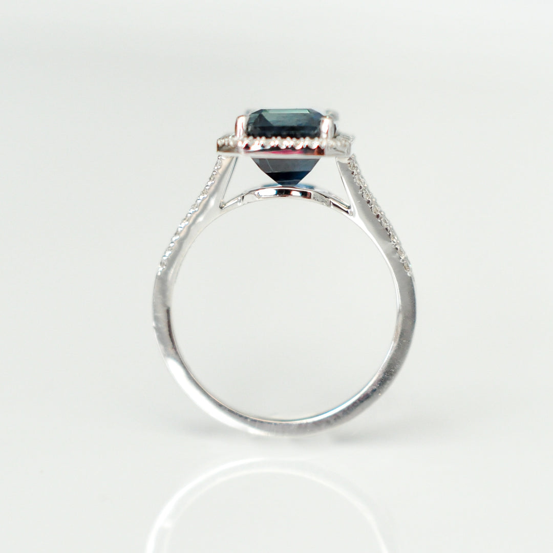 EMERALD CUT BLUE SAPPHIRE &amp; diamonds halo ring