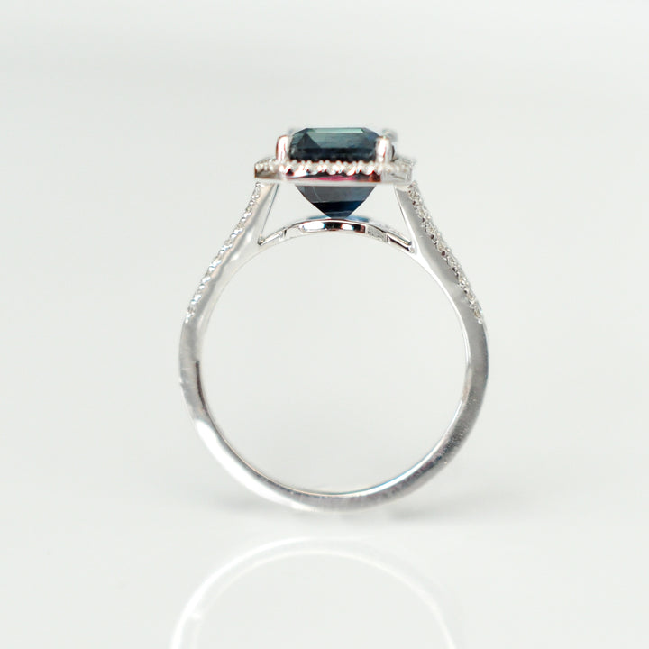 EMERALD CUT BLUE SAPPHIRE &amp; diamonds halo ring