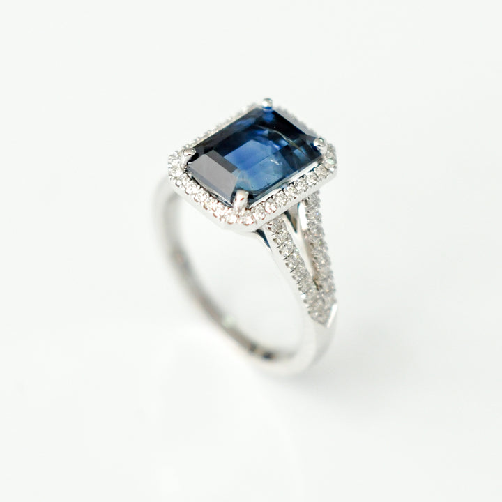 EMERALD CUT BLUE SAPPHIRE &amp; diamonds halo ring
