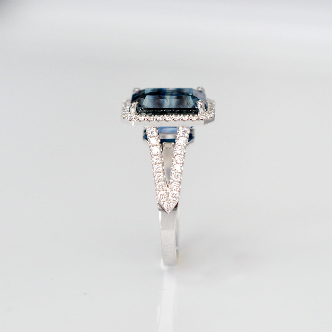 EMERALD CUT BLUE SAPPHIRE &amp; diamonds halo ring