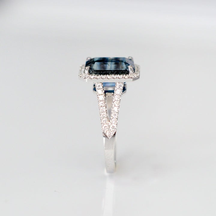 EMERALD CUT BLUE SAPPHIRE &amp; diamonds halo ring
