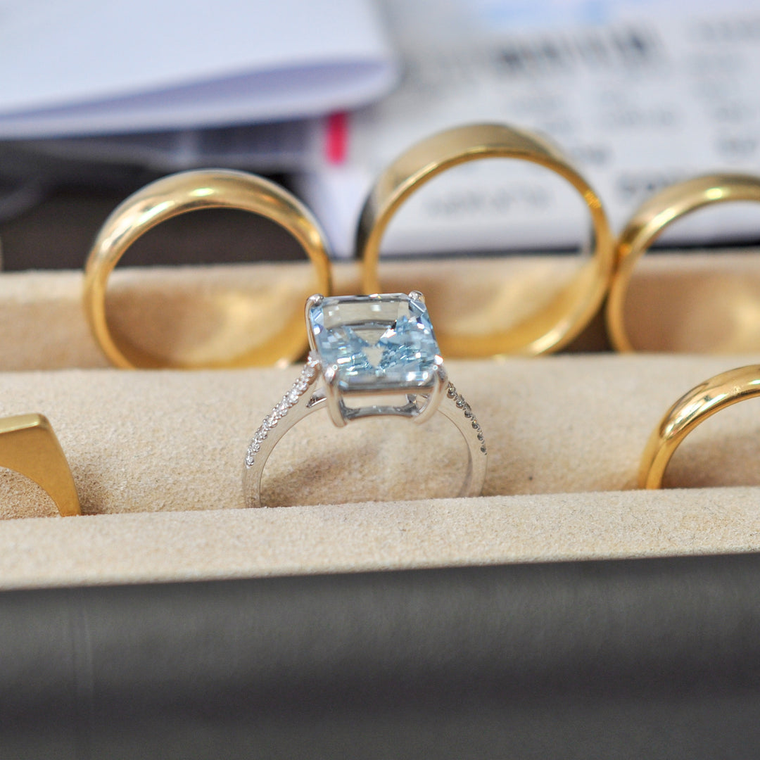 Emerald Cut Aquamarine (4 carat) &amp; Diamonds Ring
