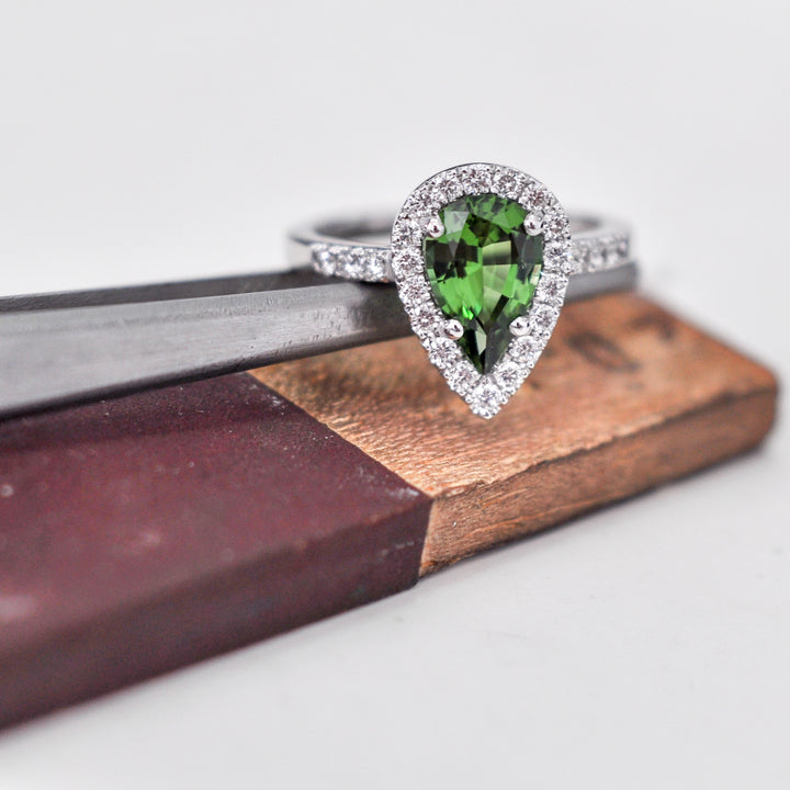 pear shape CHROME TOURMALINE &amp; diamonds halo ring