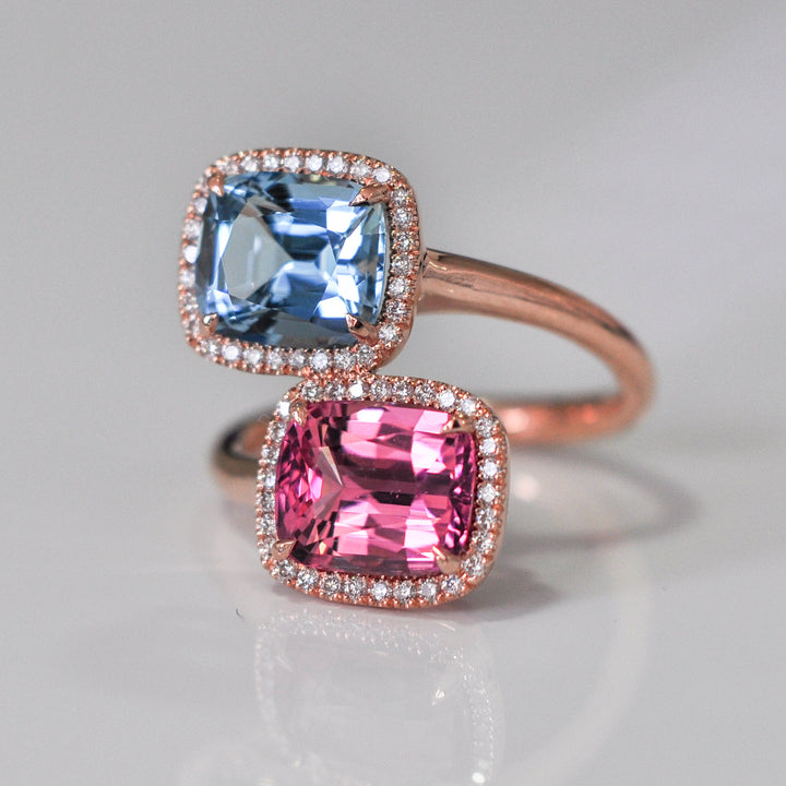 aquamarine &amp; pink tourmaline diamonds halo twin ring