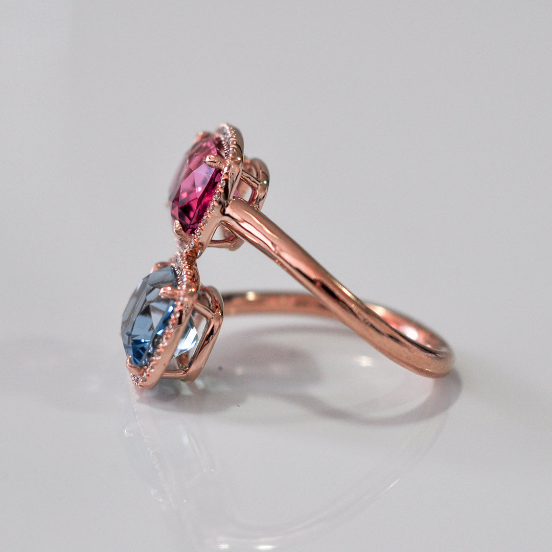 aquamarine &amp; pink tourmaline diamonds halo twin ring