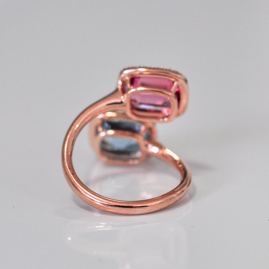 aquamarine &amp; pink tourmaline diamonds halo twin ring