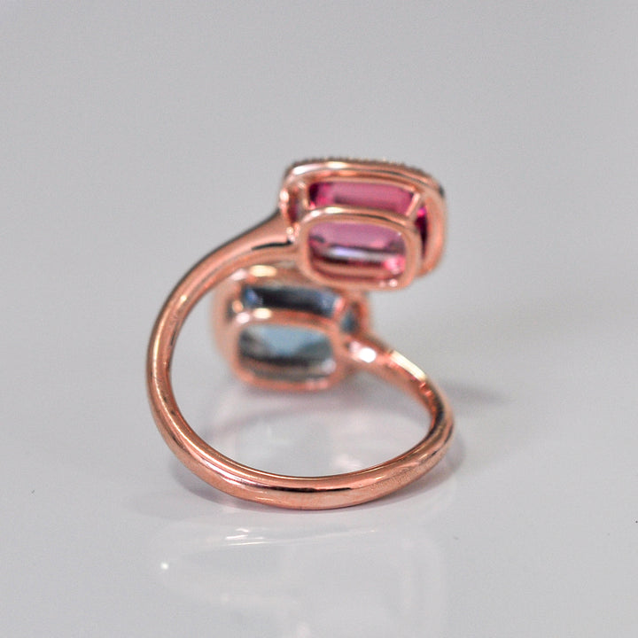 aquamarine &amp; pink tourmaline diamonds halo twin ring