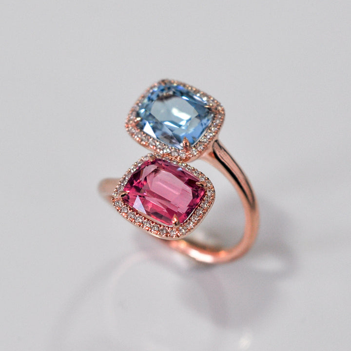 aquamarine &amp; pink tourmaline diamonds halo twin ring