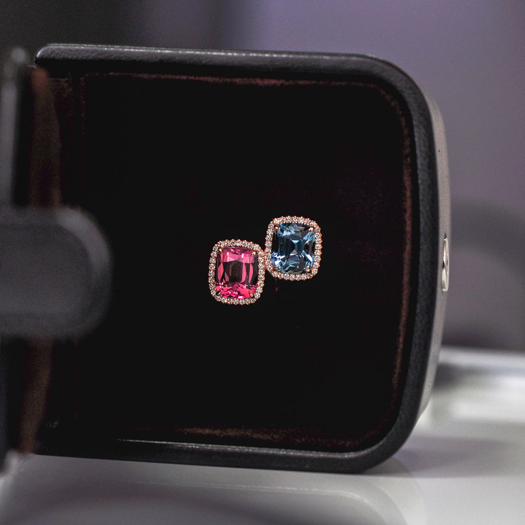 aquamarine &amp; pink tourmaline diamonds halo twin ring