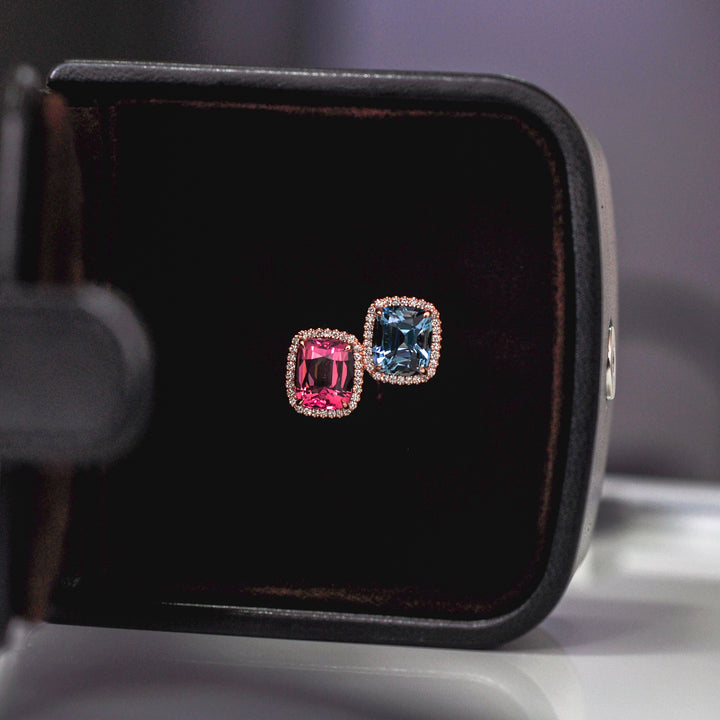 aquamarine &amp; pink tourmaline diamonds halo twin ring
