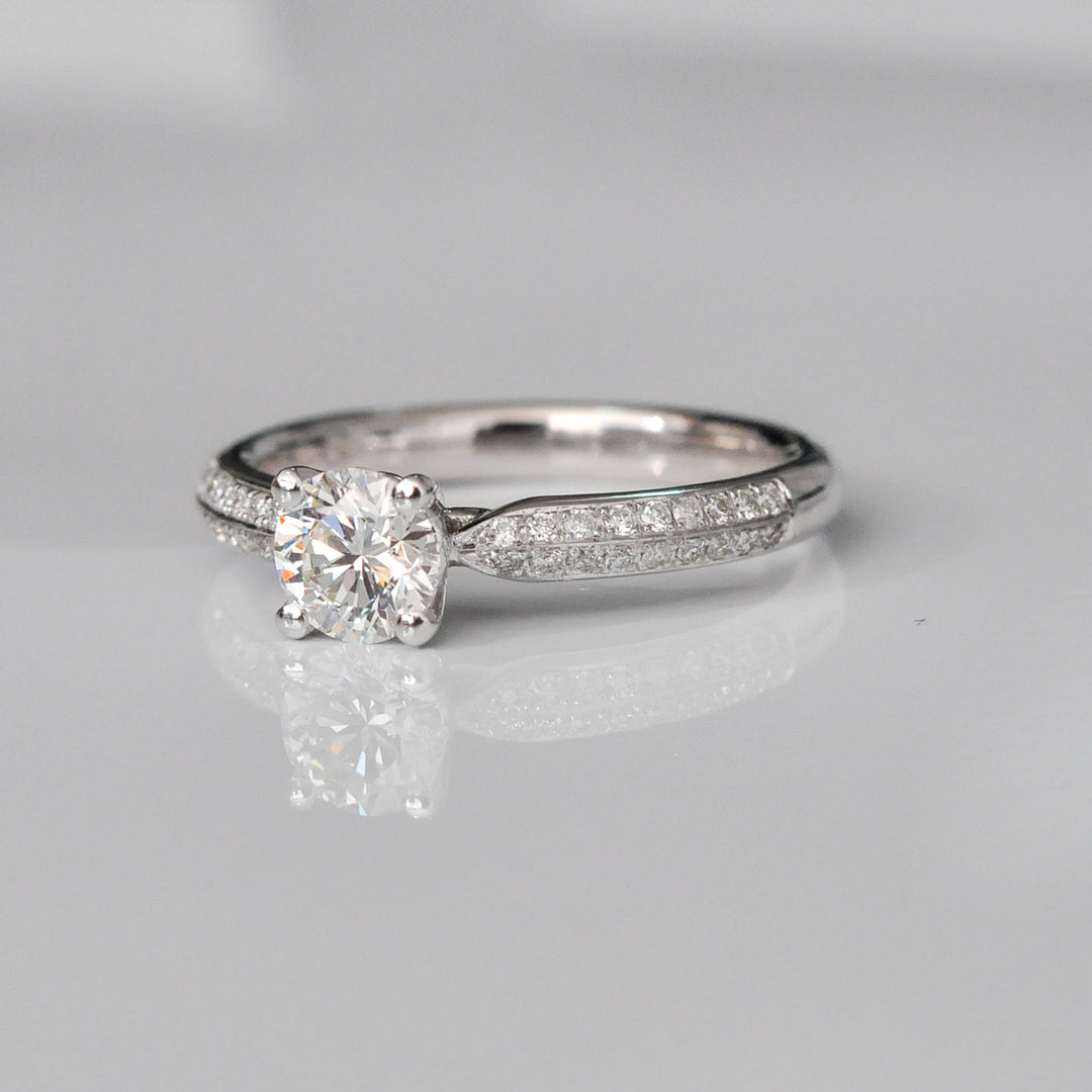 two row diamonds pave shank engagement ring
