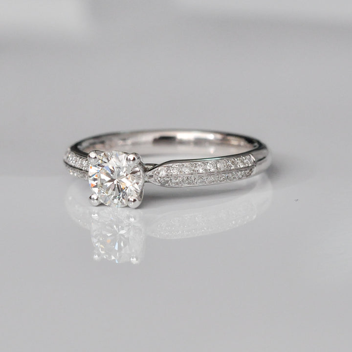 two row diamonds pave shank engagement ring