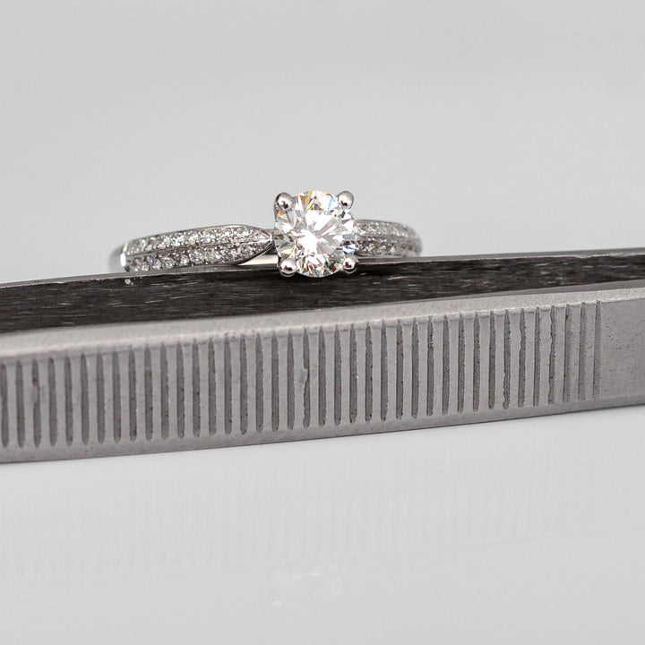 two row diamonds pave shank engagement ring