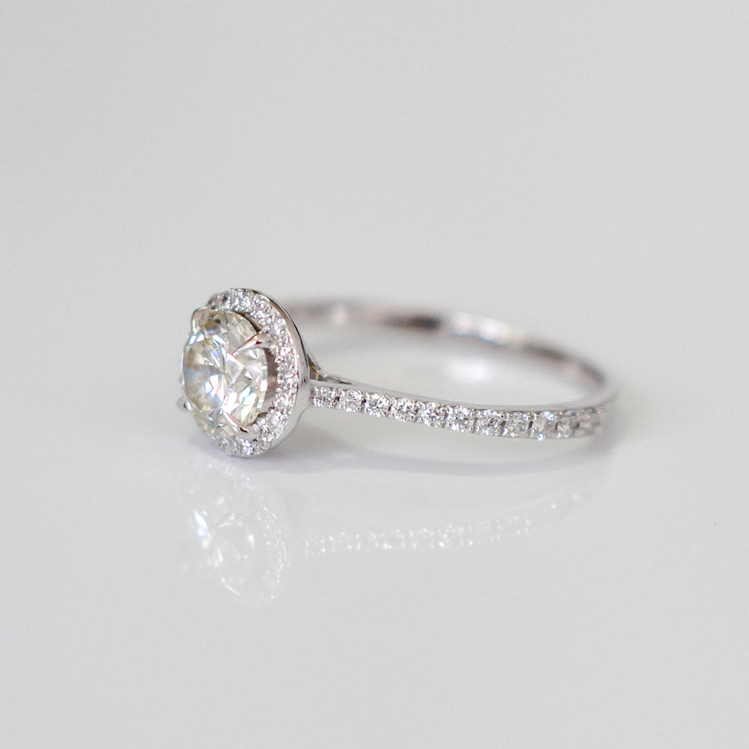 white diamonds (~1 ct. tw.) halo engagement ring