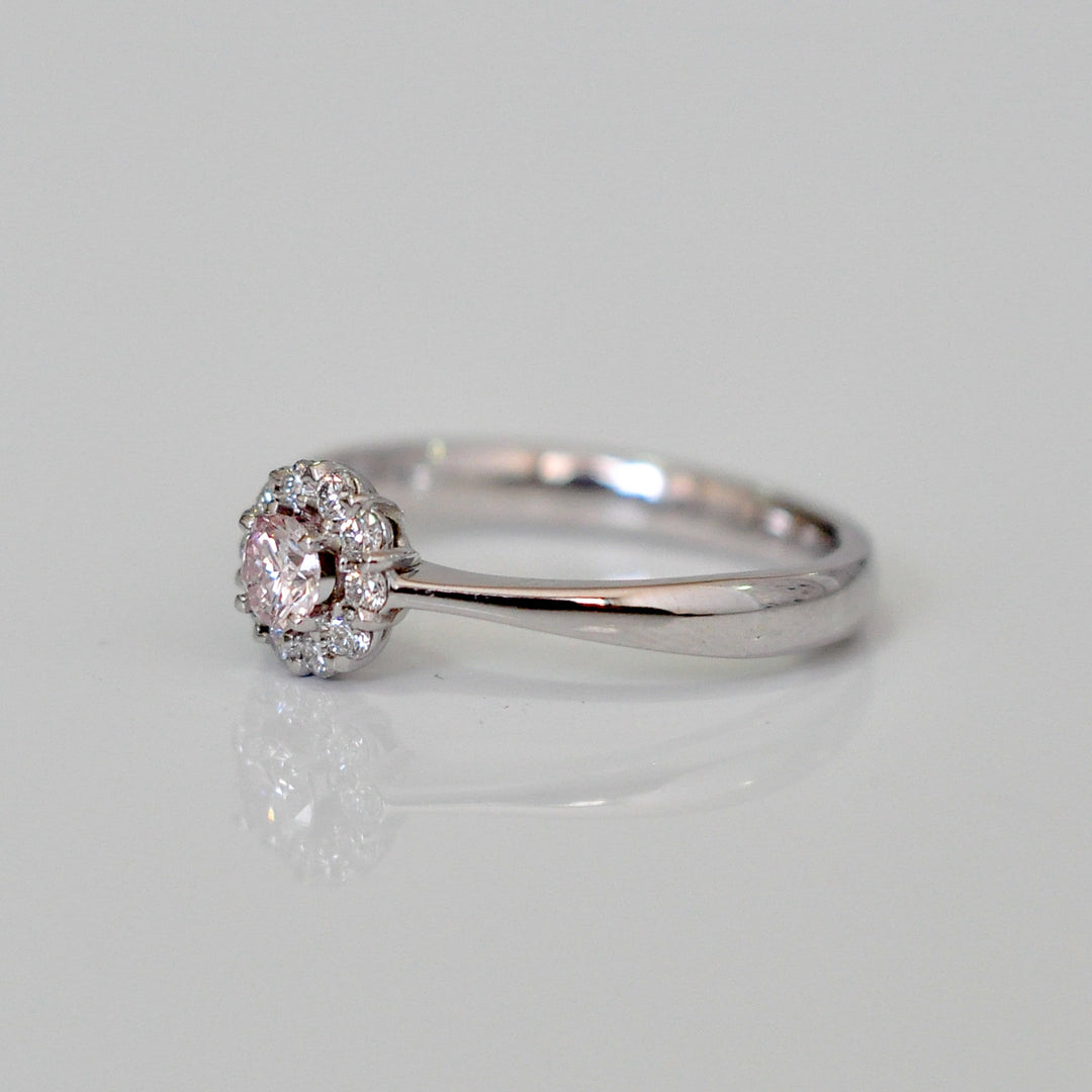 pink and white diamonds delicate halo ring