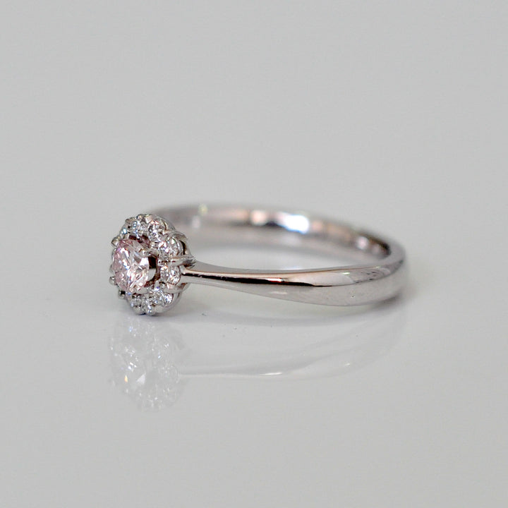 pink and white diamonds delicate halo ring