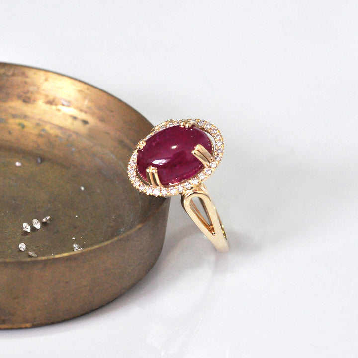 Cabochon Oval Ruby &amp; Diamonds Halo Ring
