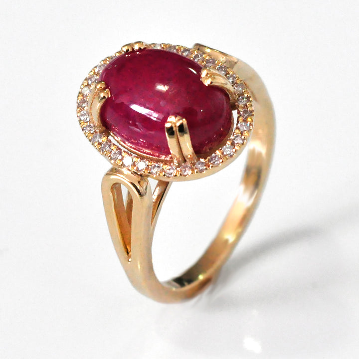 Cabochon Oval Ruby &amp; Diamonds Halo Ring