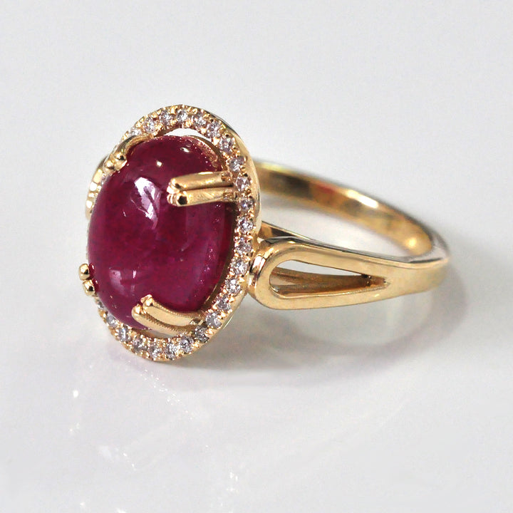 Cabochon Oval Ruby &amp; Diamonds Halo Ring