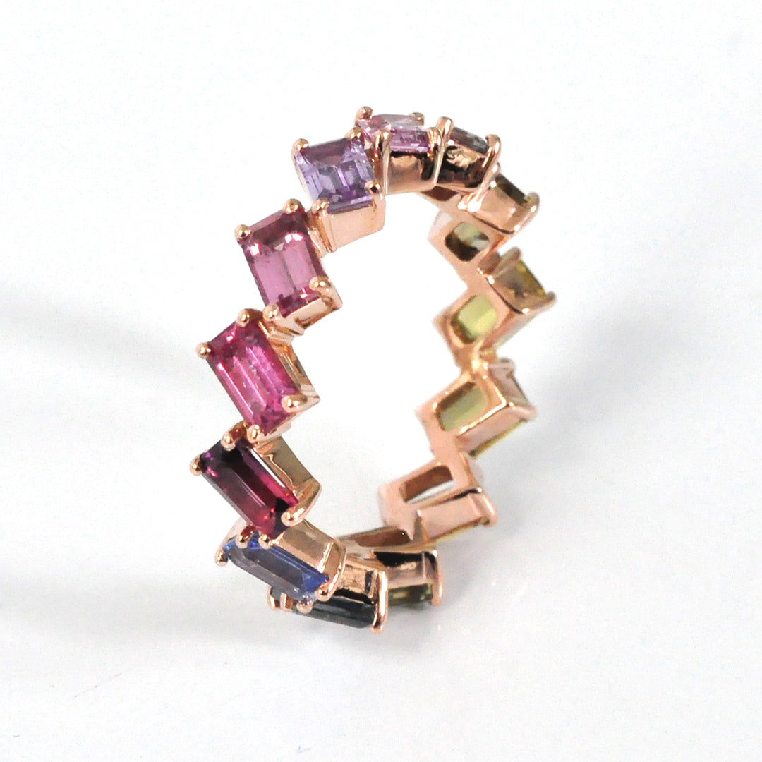 Baguette cut fancy color sapphires eternity ring