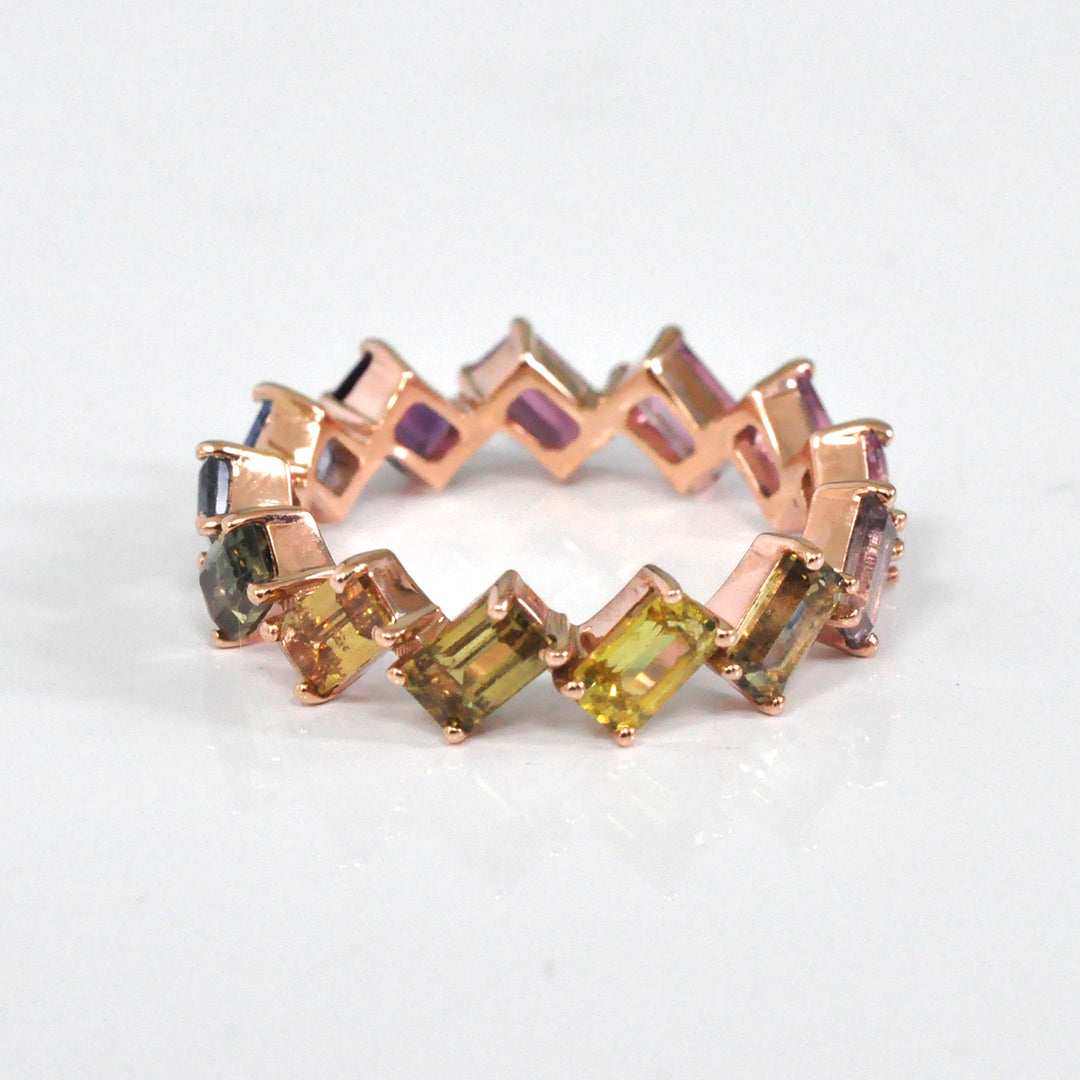 Baguette cut fancy color sapphires eternity ring