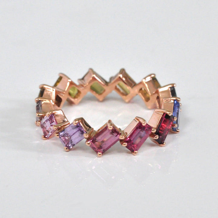 Baguette cut fancy color sapphires eternity ring